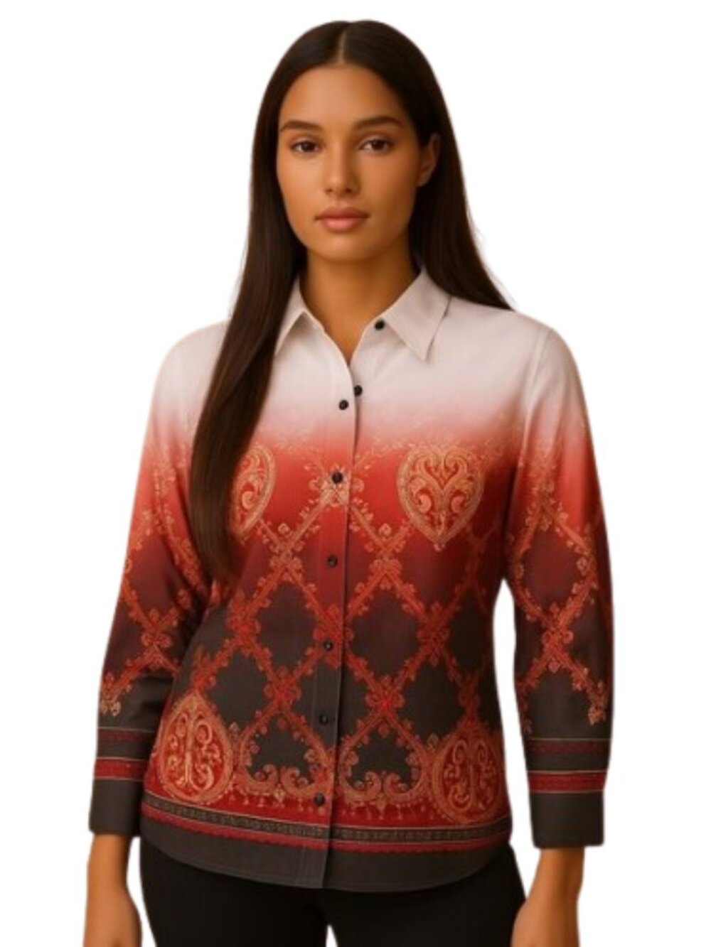 Alia Womens Boho Tunic Shirt Geometric Print Button Up Red Black SiZE 10
